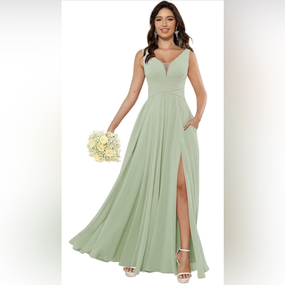 Miao Duo NWT Mint Green Chiffon Pleated V-Neck Formal Maxi Dress 12